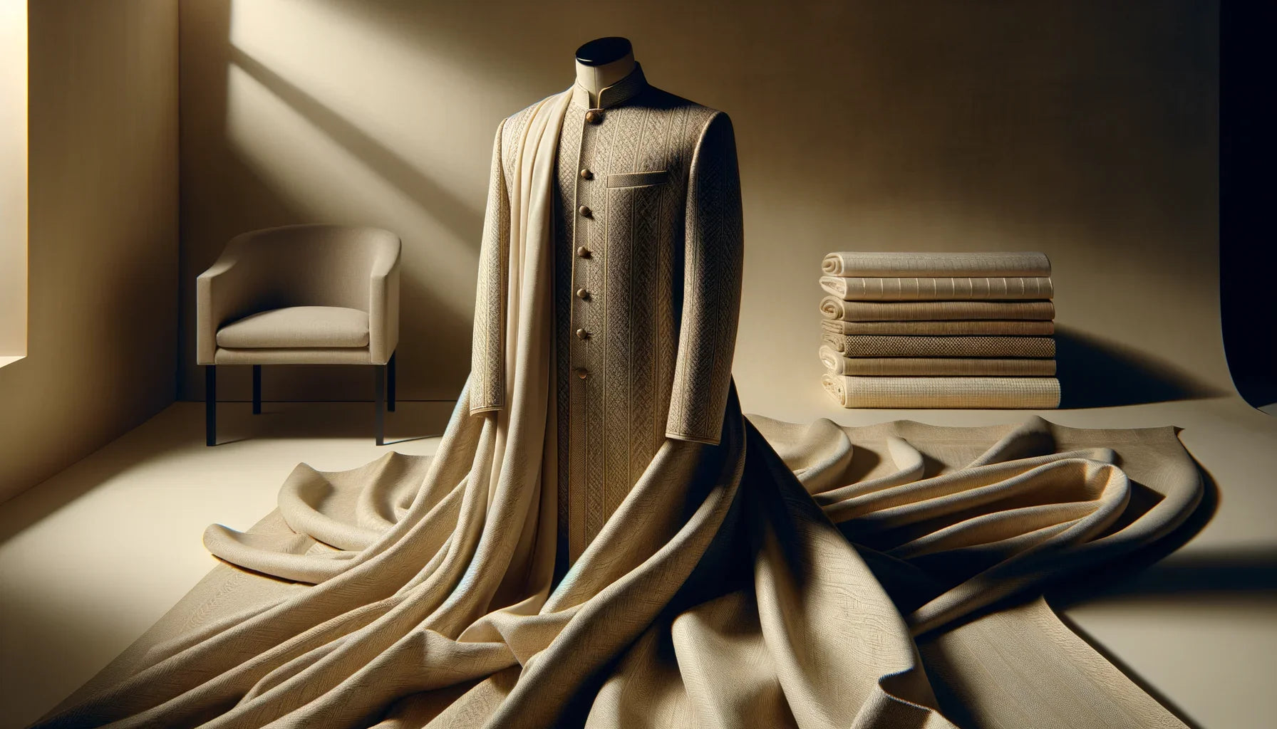 premium traditional fabric drape with intricate weave in warm studio light