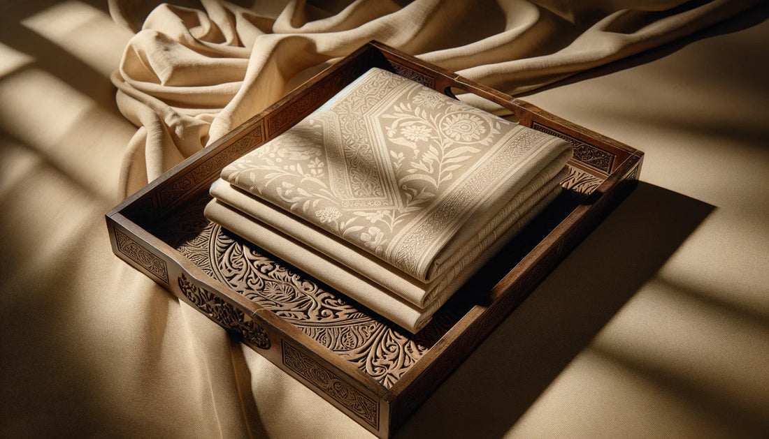 folded premium boski fabric with intricate pattern in warm studio lighting