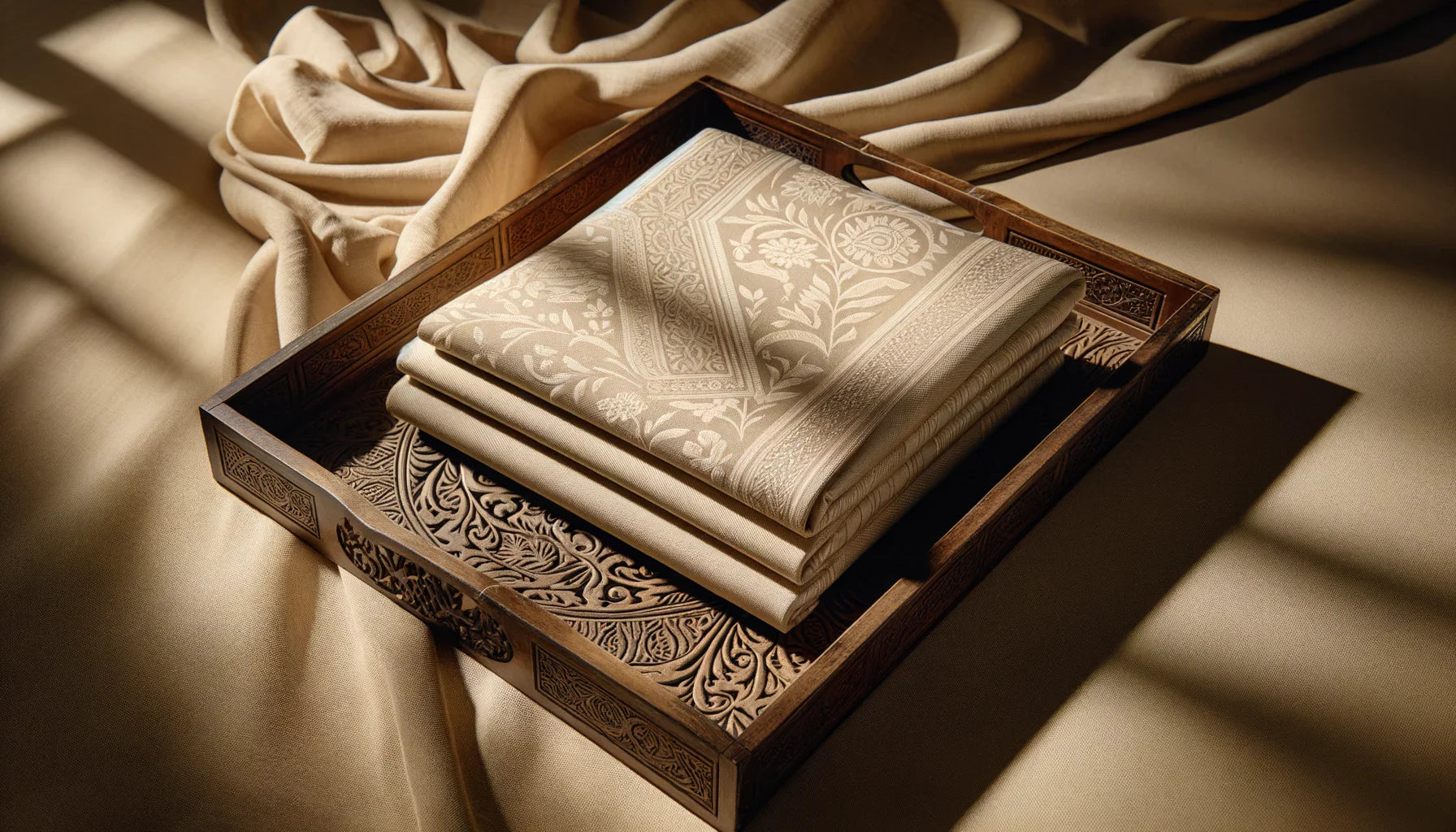 folded premium boski fabric with intricate pattern in warm studio lighting